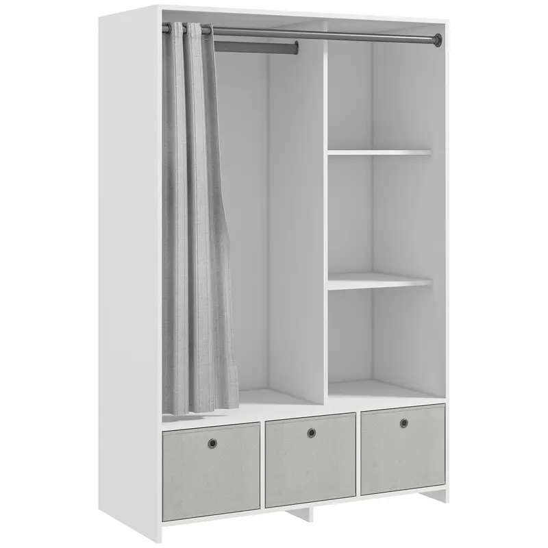 Armadio Guardaroba con Barra, 3 Cassetti e Tenda