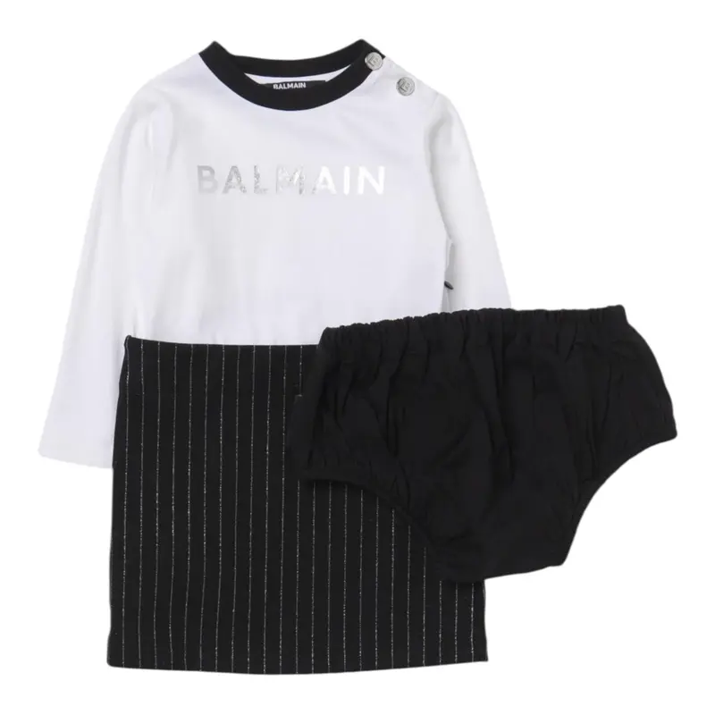 Balmain Abito Manica Lunga Bicolore con Culotte Bianco/Nero per Neonata