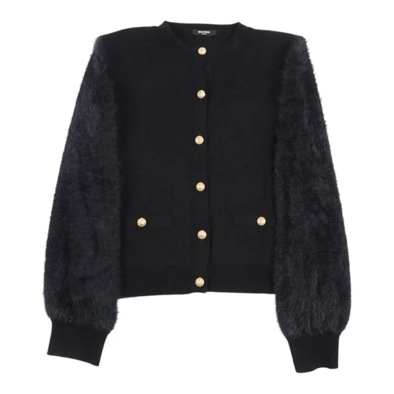 Balmain Cardigan tinta unita con Maniche Peluche Nero per Bambina