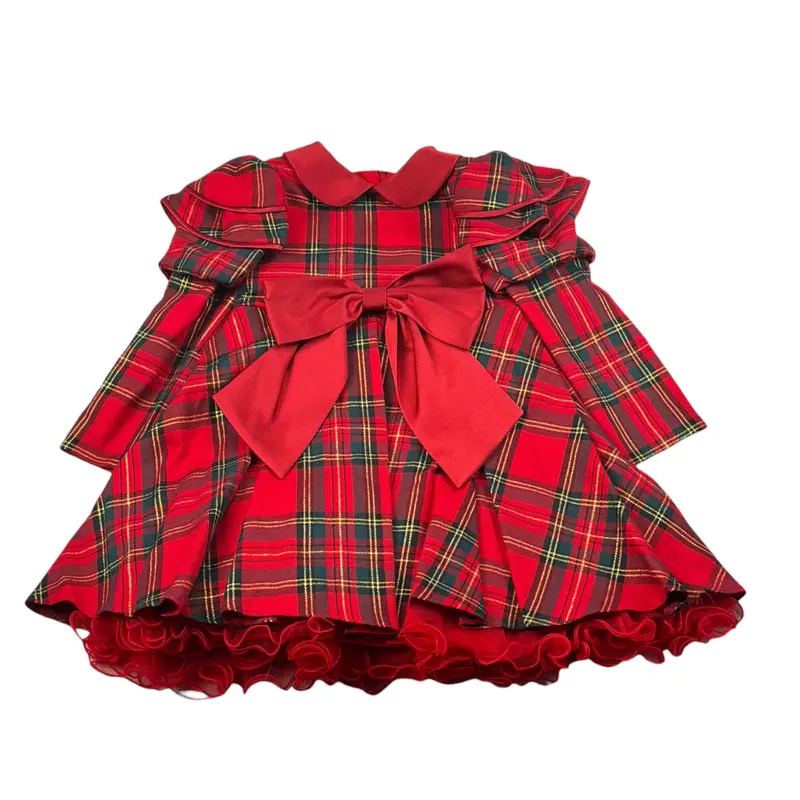 Bimbalo Abito Manica Lunga Fantasia Scozzese Rosso per Bambina