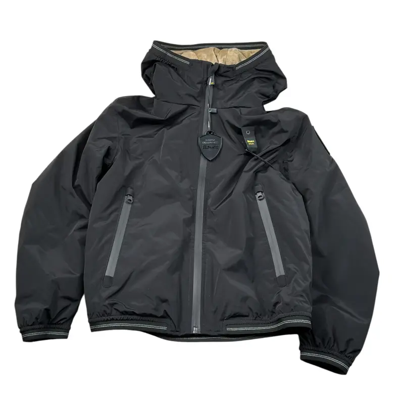 Blauer Giubbino tinta unita con Zip E Cappuccio Nero per Bambino