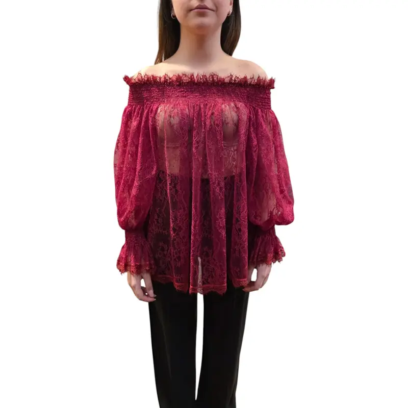 Blusa donna in pizzo con scollo a barca elasticizzato