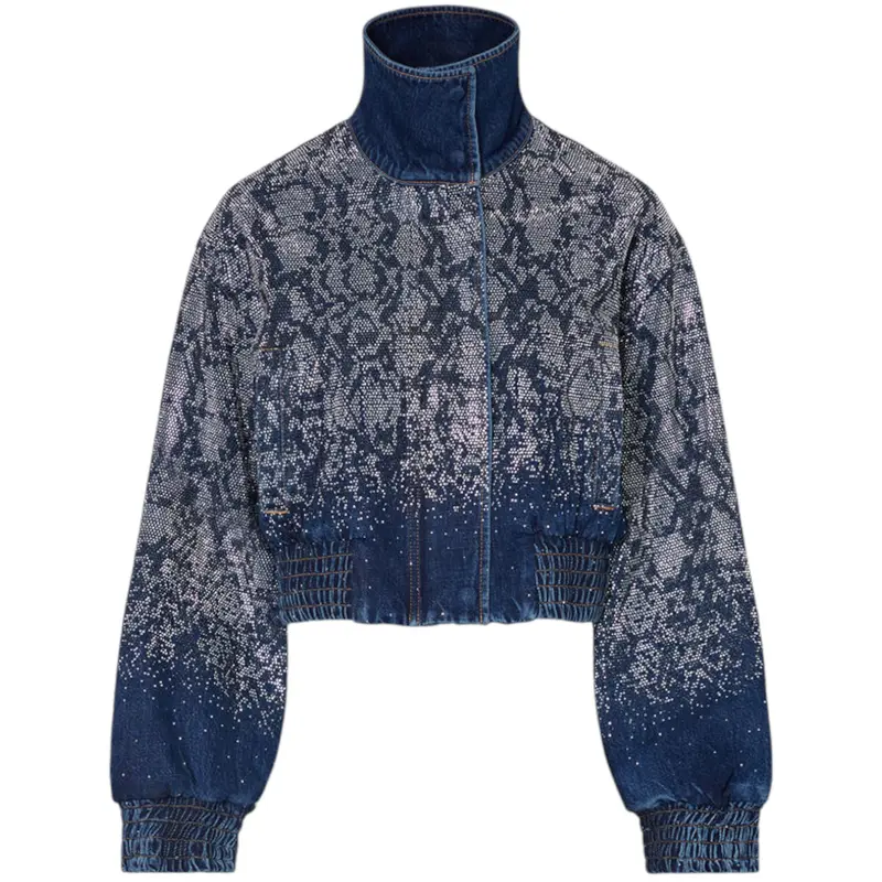 Bomber donna cropped in denim con strass