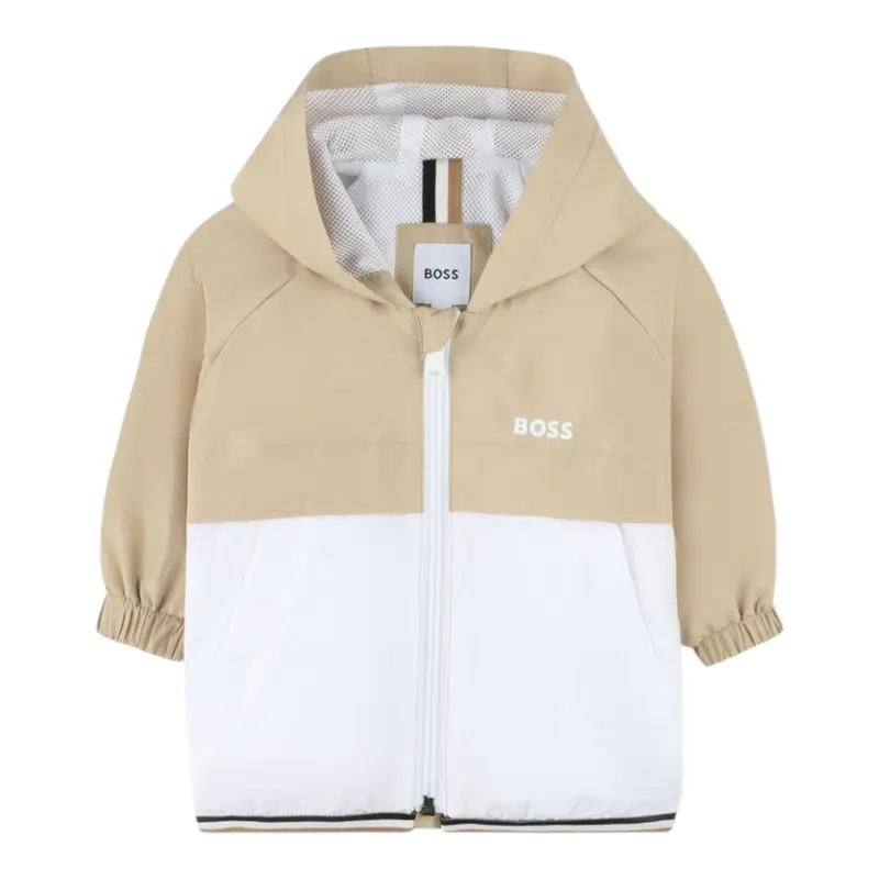 Boss Giubbino Bicolore con Zip E Cappuccio Bianco/Beige per Neonato