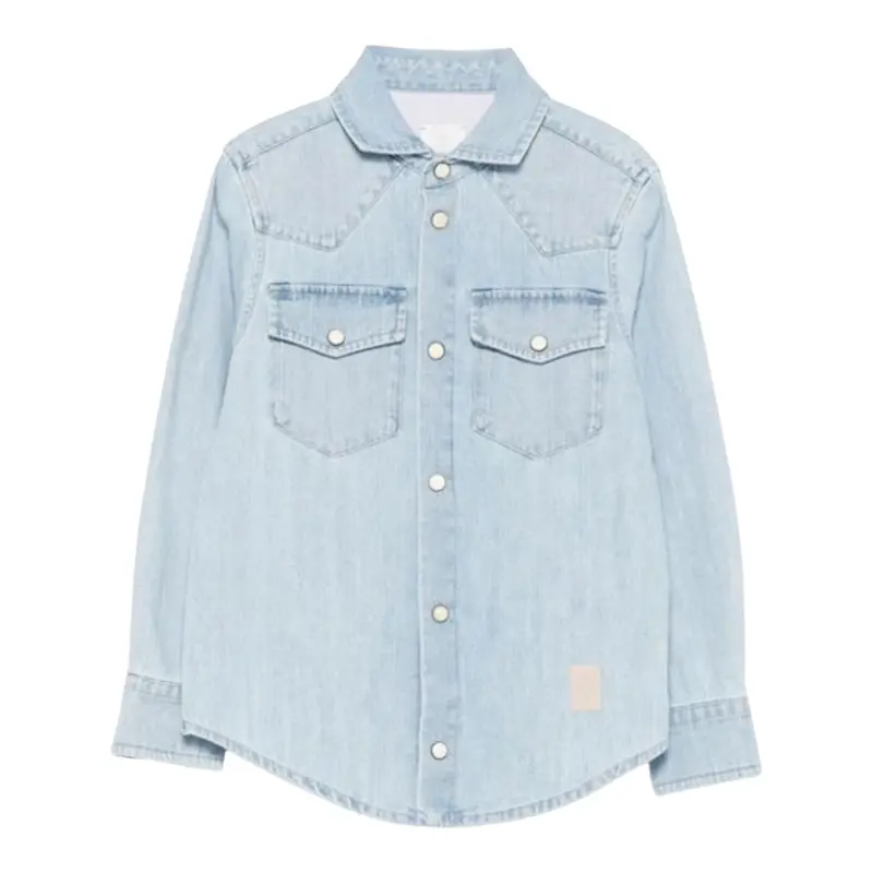 Eleventy Camicia In Denim tinta unita con Bottoni Azzurro per Bambino