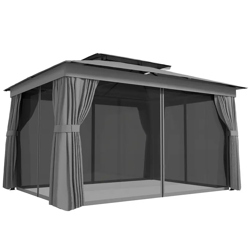 Gazebo da Giardino 3,8 x 3 m con Doppio Tetto e Tende