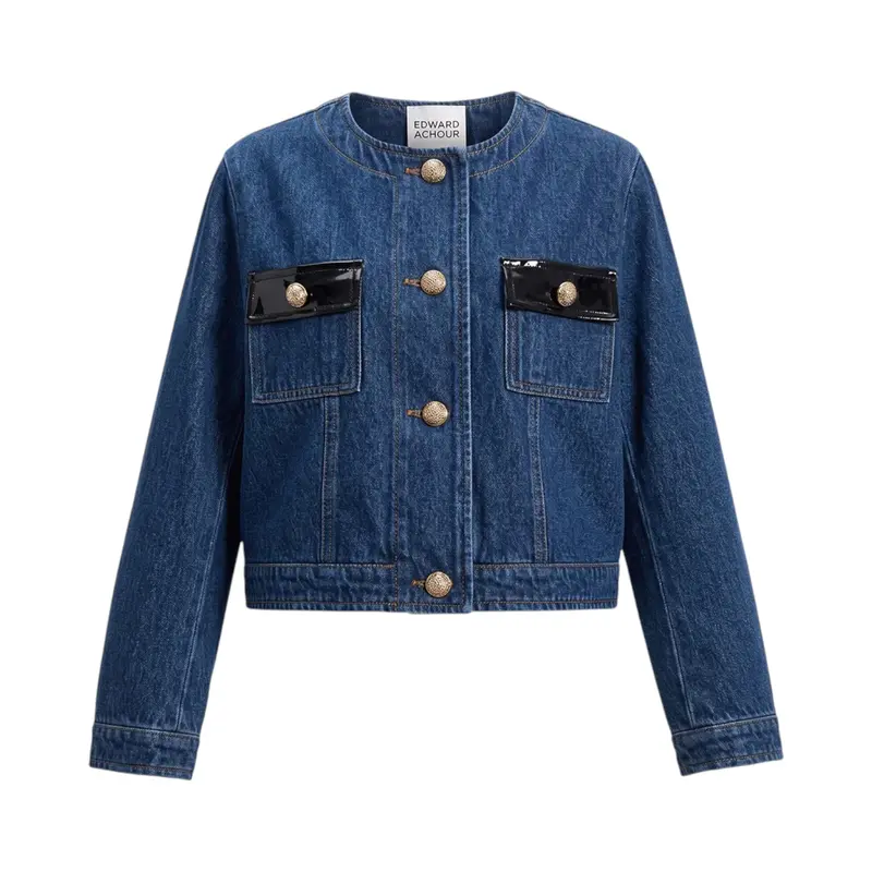 Giacca donna in tweed di jeans corta con tasche a contrasto