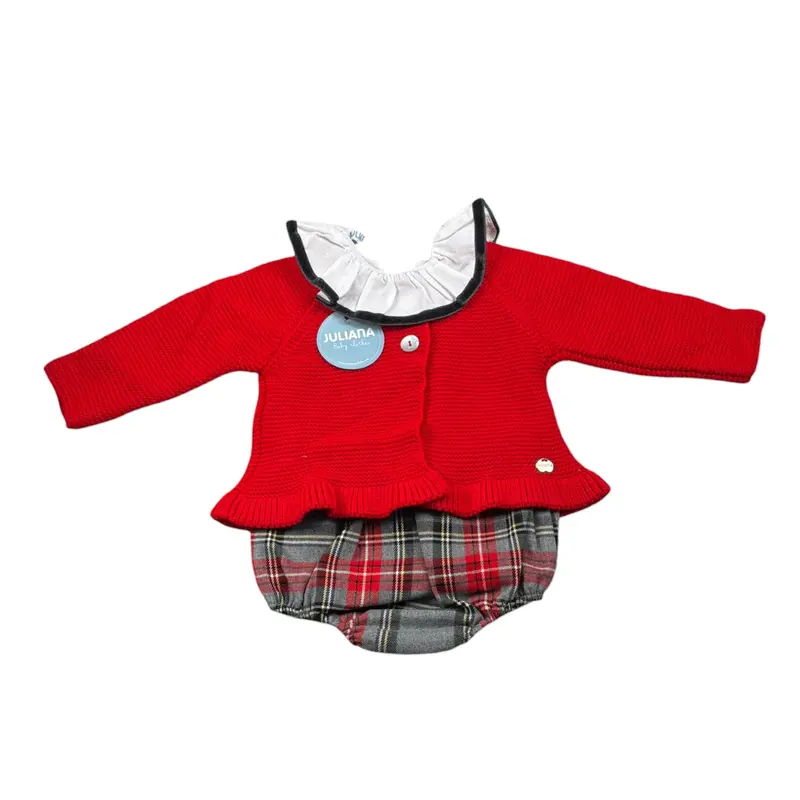 Juliana Completo 3 Pezzi Cardigan-Camicia-Culotte Rosso per Neonata