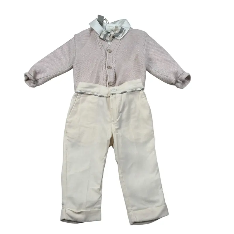 Marlu' Completo 4 Pezzi Cardigan-Camicia-Pantalone-Papillon Beige per Neonato