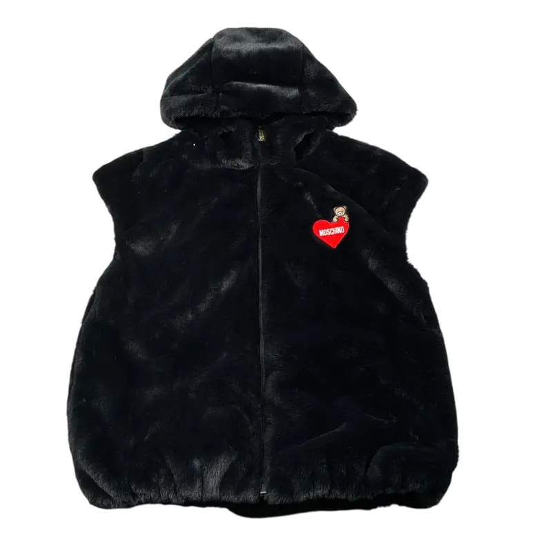 Moschino Pelliccia Smanicata tinta unita con Cappuccio Nero per Bambina