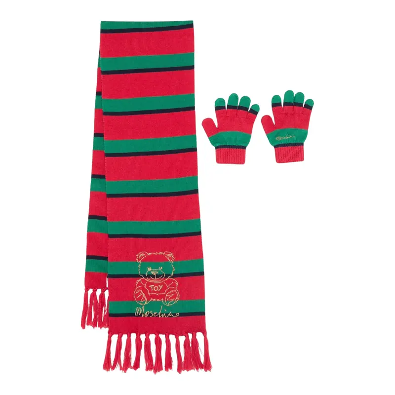 Moschino Set Sciarpa-Guanti Bicolore Rosso/Verde per Bambino
