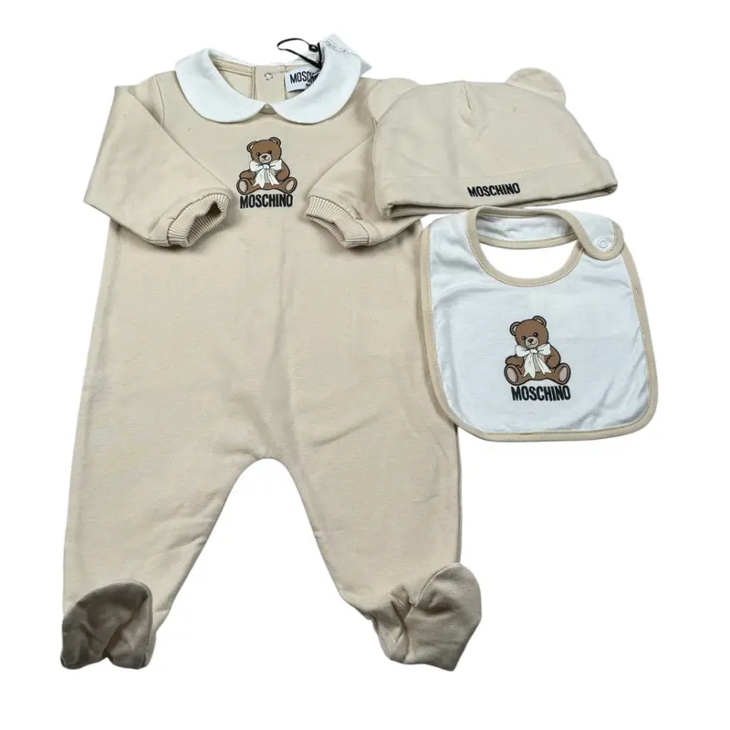 Moschino Tutina Manica Lunga con Cappello E Bavetta Beige per Neonato