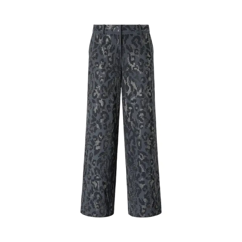 Pantalone donna wide leg con fantasia maculata e microstrass
