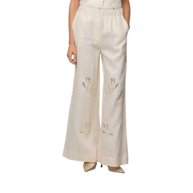 Pantaloni donna di lino ricamati con elastico