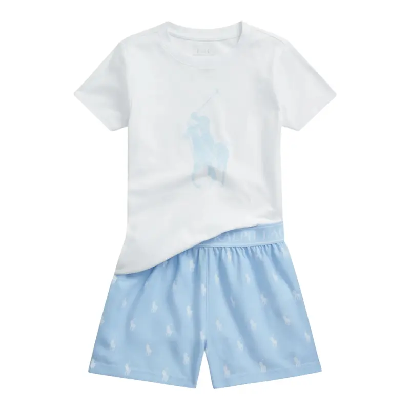 Ralph Lauren Pigiama 2 Pezzi T-Shirt-Short Bicolore Bianco/Azzurro per Bambina