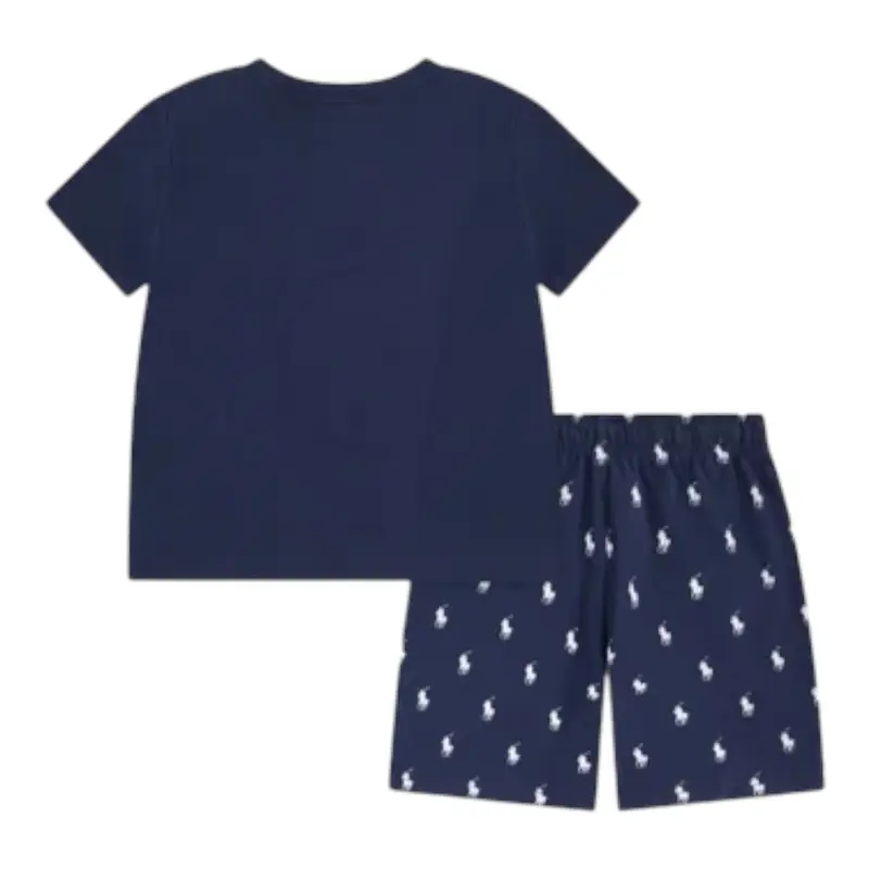 Ralph Lauren Pigiama 2 Pezzi T-Shrt + Bermuda tinta unita Blu per Bambino