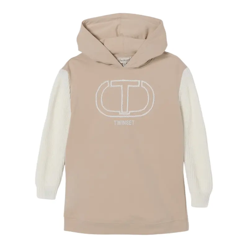 Twinset Abito Manica Lunga tinta unita con Cappuccio Beige per Bambina