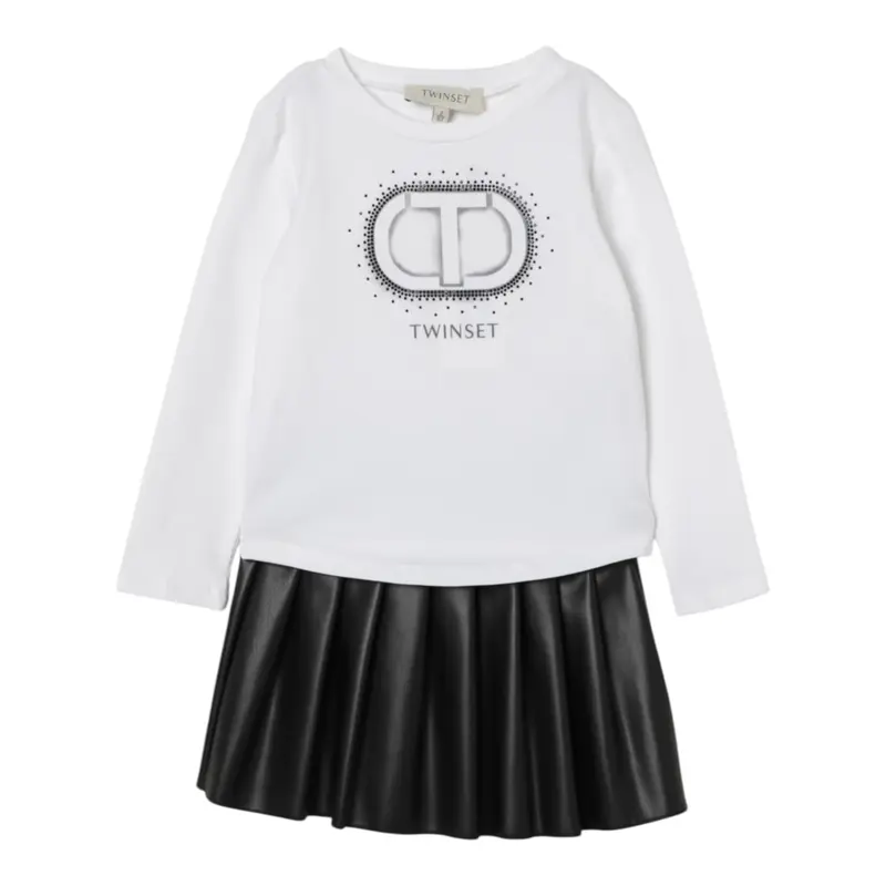 Twinset Completo 2 Pezzi Shirt-Gonna Bicolore Panna/Nero per Bambina